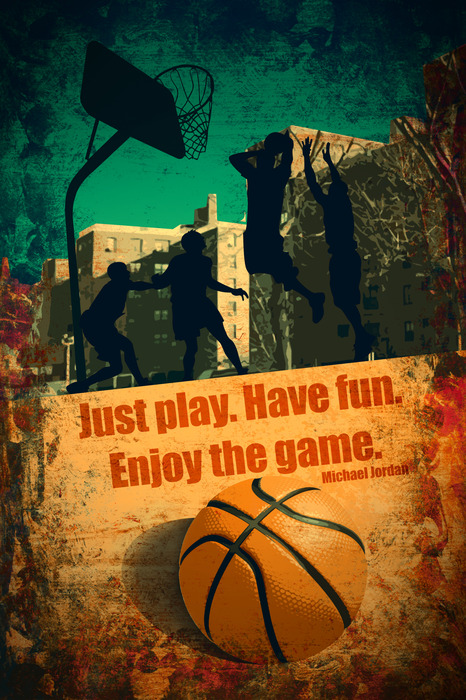 Un match de basket-ball sur fond de ville, accompagné d'une citation de jordan.