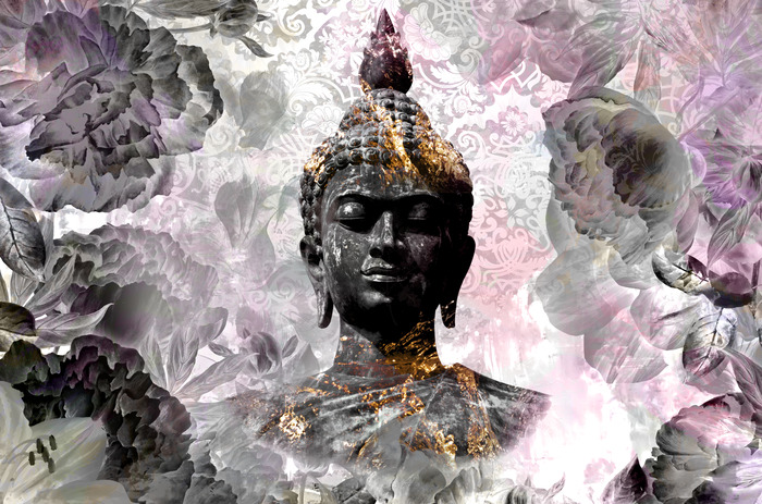 Bouddha sur fond de fleurs roses et grises et de motifs décoratifs