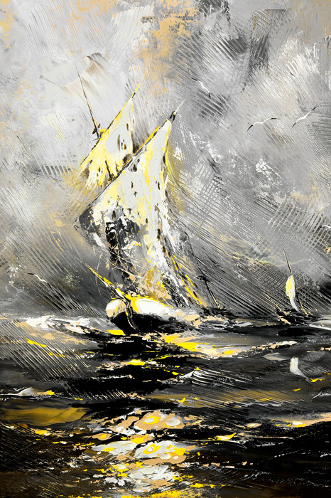 Un navire aux allures de tableau sur une mer déchaînée, dans des tons de gris.