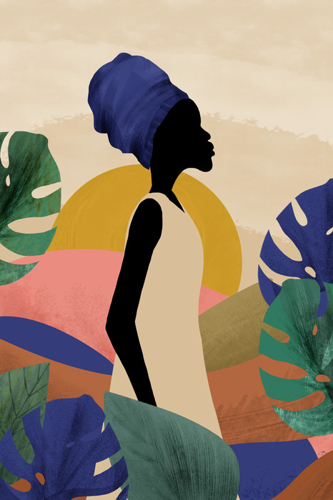 Une femme noire portant un turban se détachant sur un fond de feuilles.