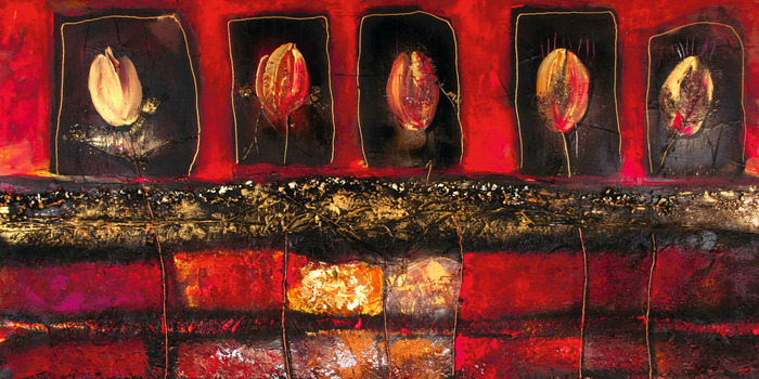 Composition abstraite de tulipes sur fond rouge