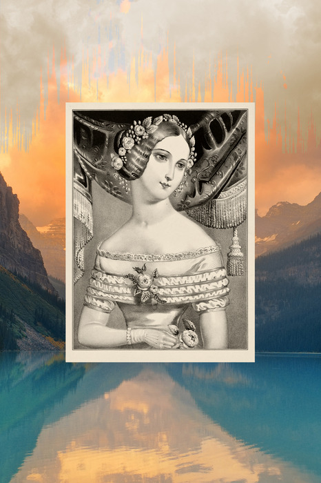 Ancien portrait d'une femme sur fond de paysage