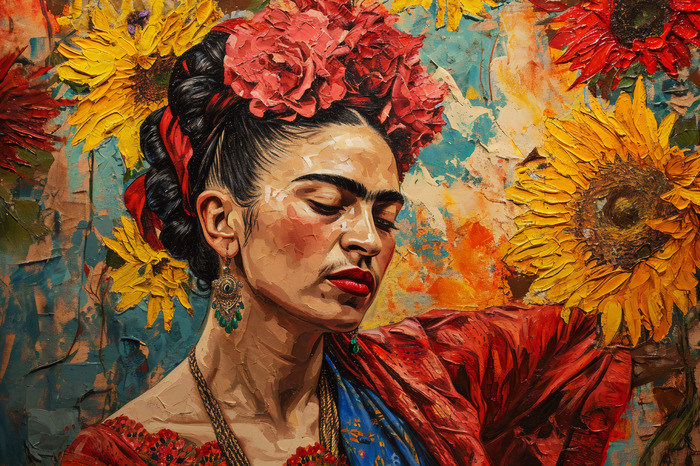 Frida kahlo dans un portrait avec de grandes fleurs