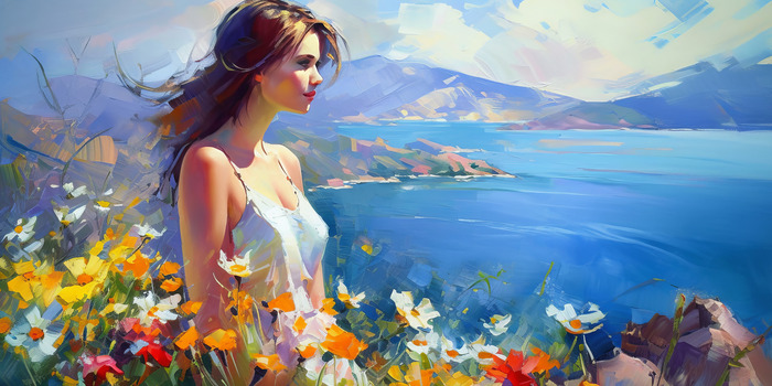 Un paysage pictural avec une femme au bord de l'eau