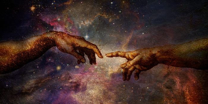 Mains tirées de la création d'adam sur fond cosmique