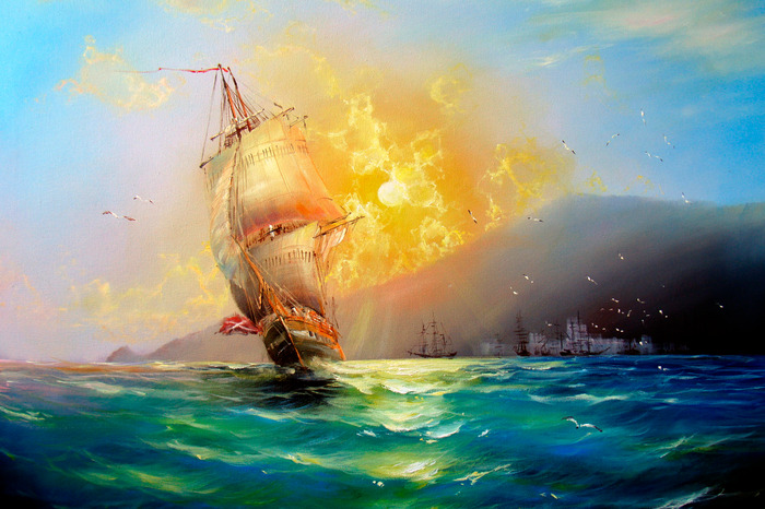 Tableau d'un voilier aux tons chauds et lumineux