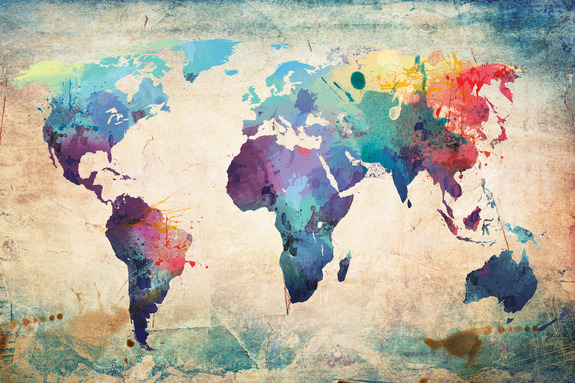 Carte du monde artistique et colorée avec un effet de vieux papier