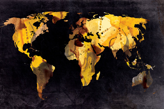 Carte du monde artistique jaune sur fond sombre