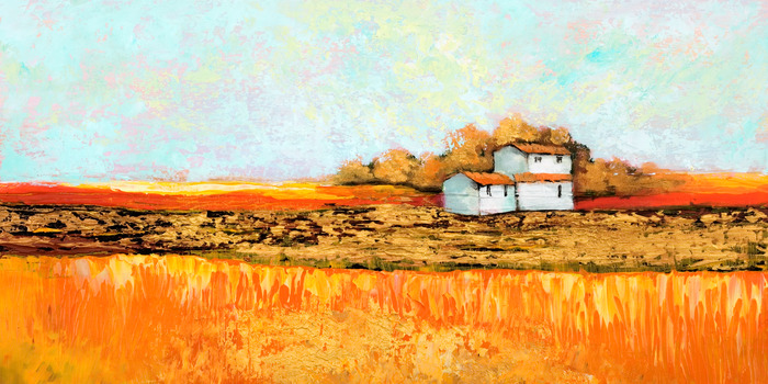 Maisons se détachant sur fond de champs dorés et orangés.