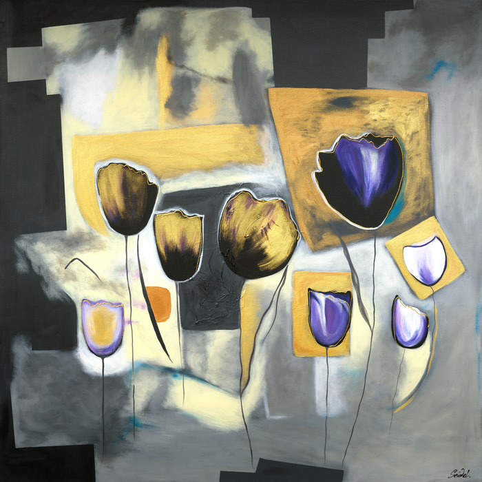 Tulipes abstraites sur un fond gris géométrique