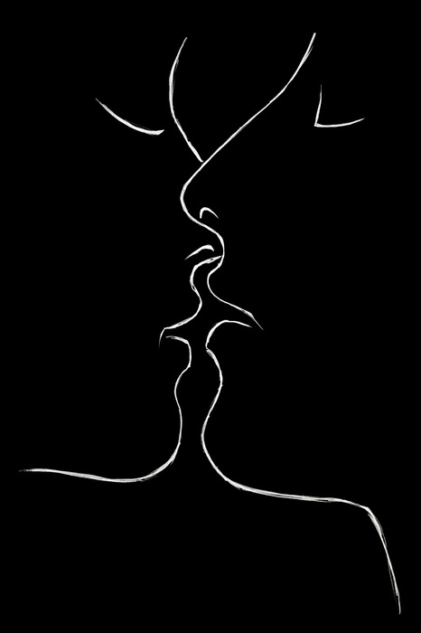 Sur fond noir, les contours lumineux de deux visages qui s'embrassent.