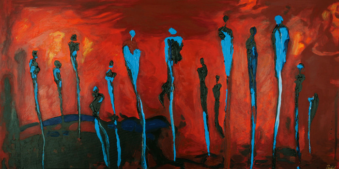 Silhouettes bleues sur fond rouge