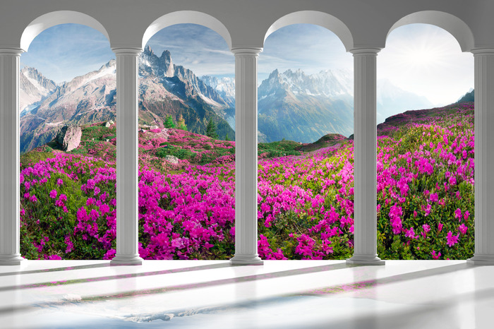 Paysage de montagne avec des roses encadrées par des colonnes