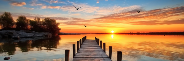 Jetée au coucher du soleil sur le lac