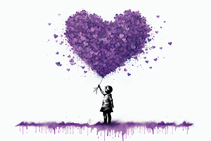 Fille avec un cœur violet dans le style de banksy