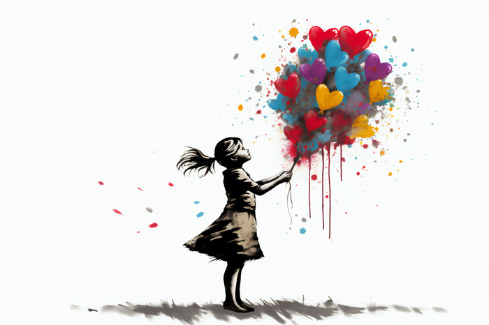 Une fille avec des ballons colorés en forme de cœur