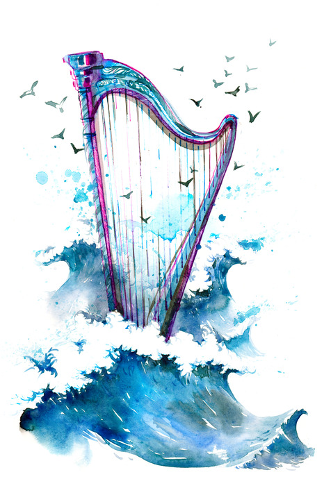 Harpe aquarelle parmi les vagues