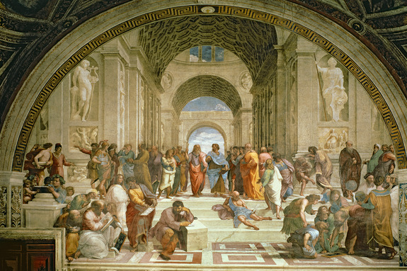 Figures de grands penseurs dans une fresque de la renaissance
