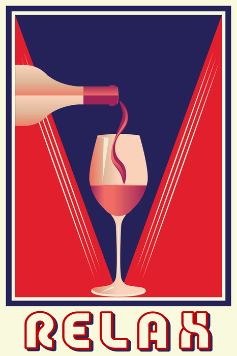 Graphique dans les tons rouge et bleu marine avec un verre