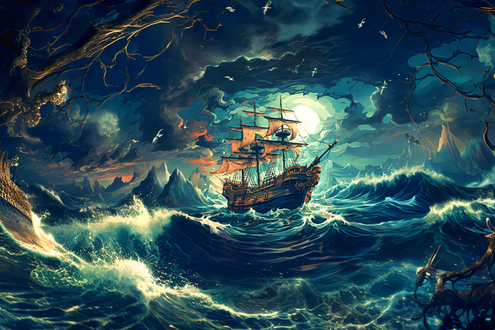 Un voilier pendant une tempête nocturne dans un style artistique