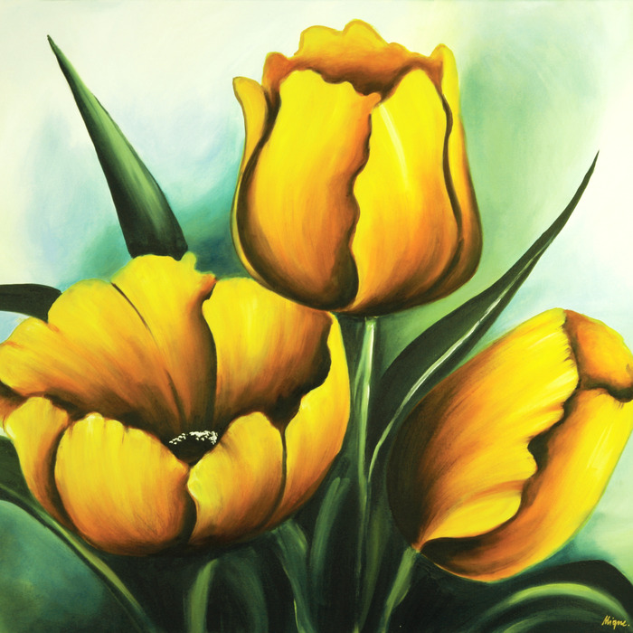 Trois tulipes jaunes dans un style pictural sur fond vert