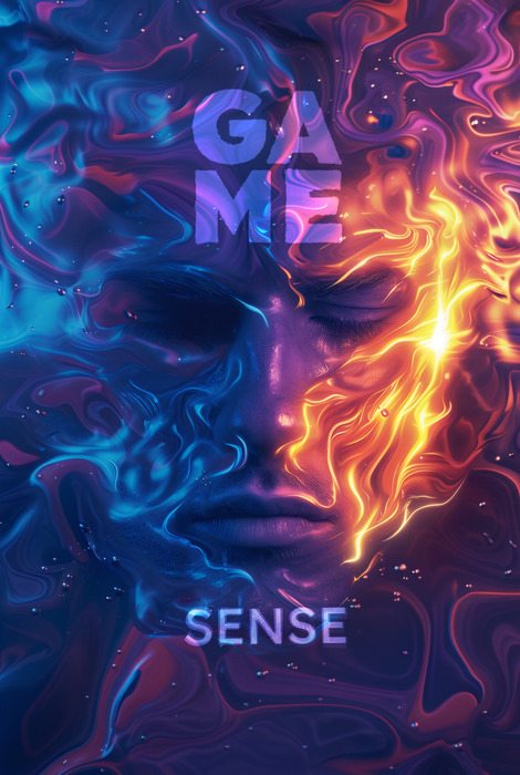 Un visage aux couleurs néon avec l'inscription game sense