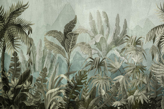 Feuilles tropicales et palmiers dans des tons de vert foncé