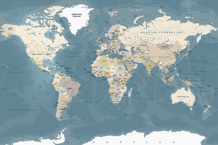 Carte du monde détaillée en bleu et beige