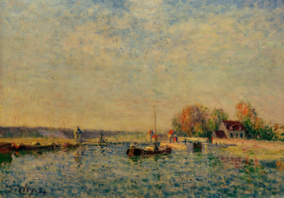 Paysage à l&#39;aquarelle avec un bateau sur un lac et une maison en arrière-plan