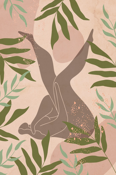 Silhouette abstraite d'une femme sur fond beige avec des feuilles.