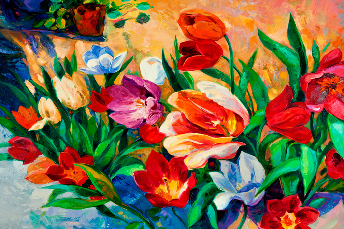 Tulipes colorées dans un jardin, dans le style d'une peinture à l'huile