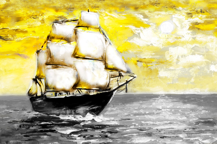 Un navire noir à voiles blanches se détachant sur un ciel jaune