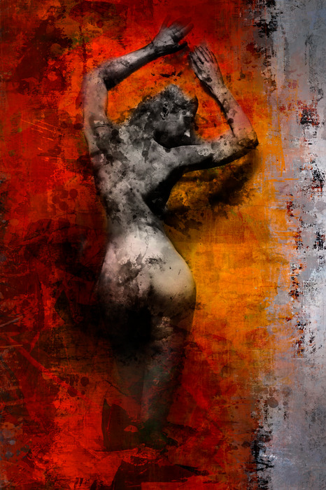 Une image expressive d'une figure féminine dans des tons de rouge