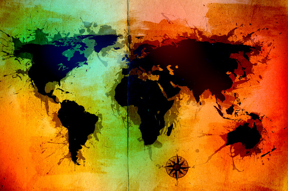 Une carte du monde aux couleurs intenses avec des continents noirs.