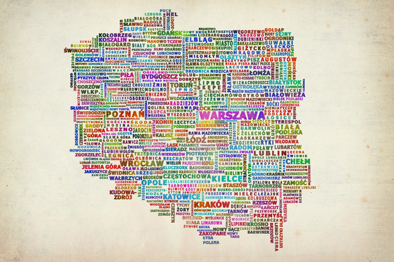 Une carte colorée de la pologne composée de noms de lieux.