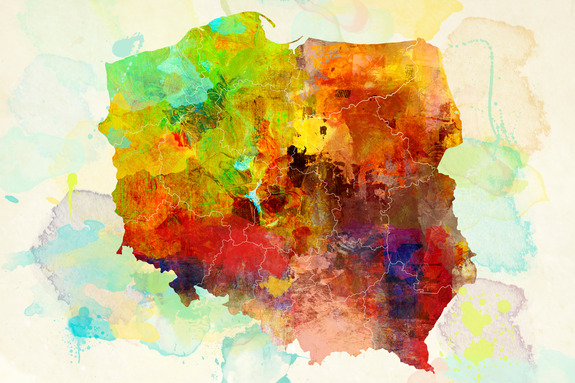 Carte artistique de la pologne avec les frontières des voïvodies indiquées.