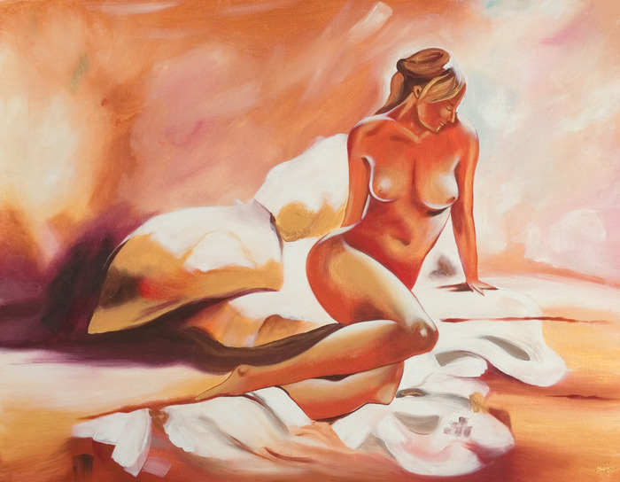Représentation artistique d'une femme nue assise