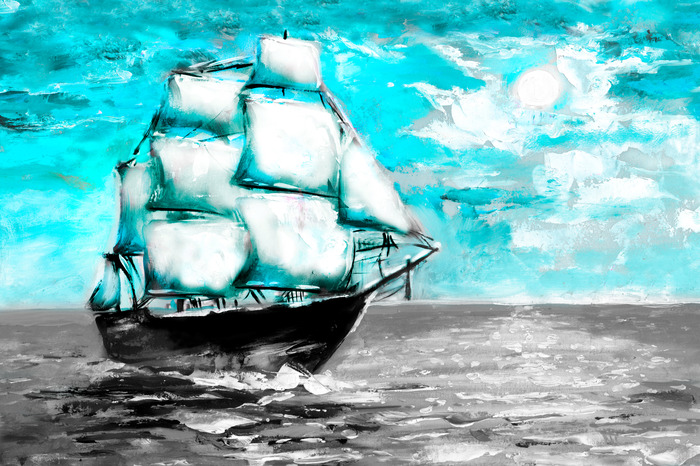 Un voilier aux allures de tableau, en mer sous un ciel turquoise