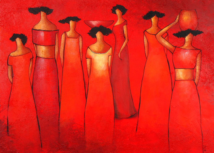 Un groupe de femmes en robes rouges