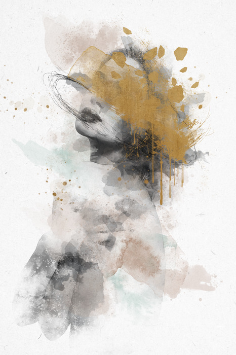 Abstraction représentant un visage de femme aux couleurs vives et aux reflets dorés.