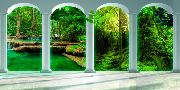 Cascades et verdure derrière la colonnade