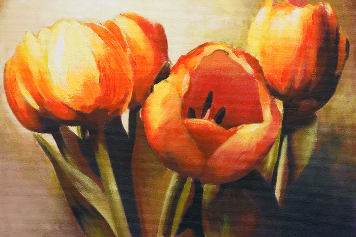 Tulipes dans des tons orange et rouge, dans un style pictural