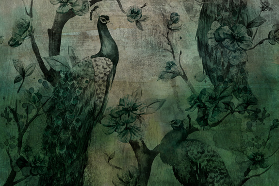 Motif vert foncé avec un paon et des fleurs sur un fond texturé