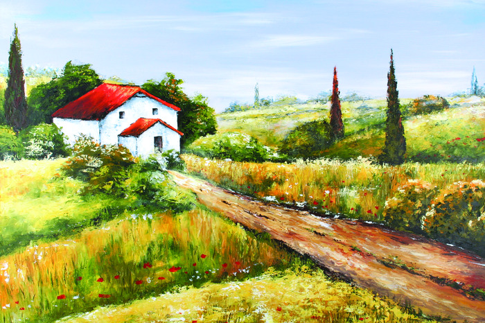 Maison blanche peinte et prairie