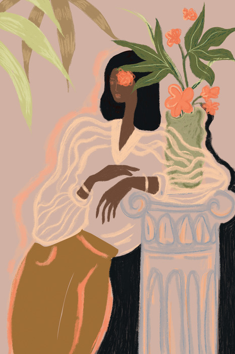 Portrait illustré d'une femme appuyée contre une colonne