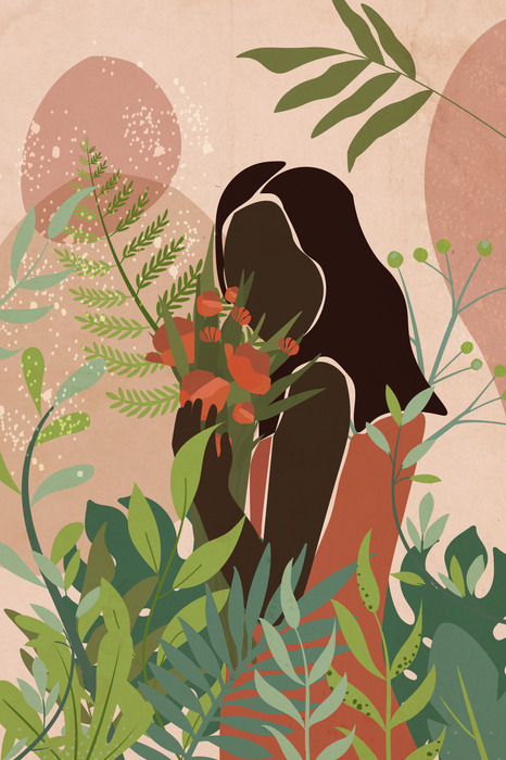 Portrait illustré d'une femme entourée de verdure