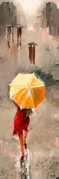 Silhouette d'une femme en robe rouge sous un parapluie jaune