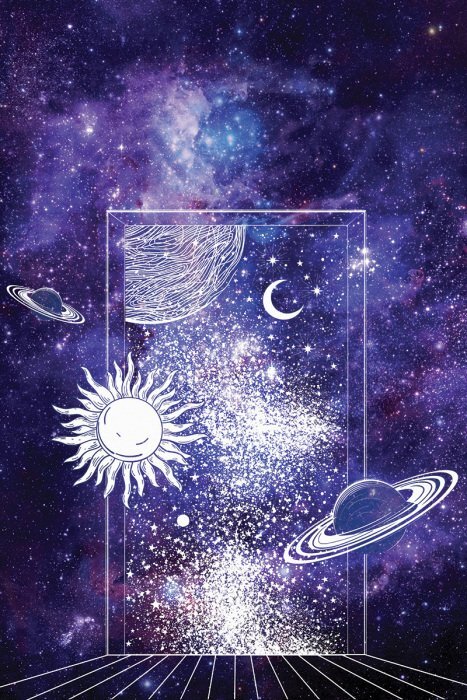 Système solaire dessiné à la main avec une galaxie en arrière-plan