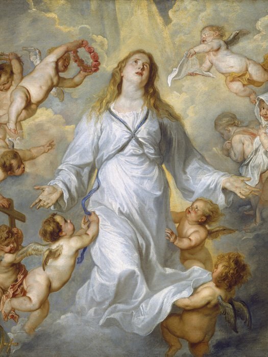 La vierge marie entourée de figures angéliques