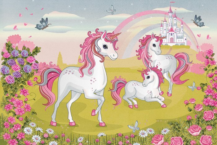 Des licornes parmi les fleurs, avec un château en arrière-plan.